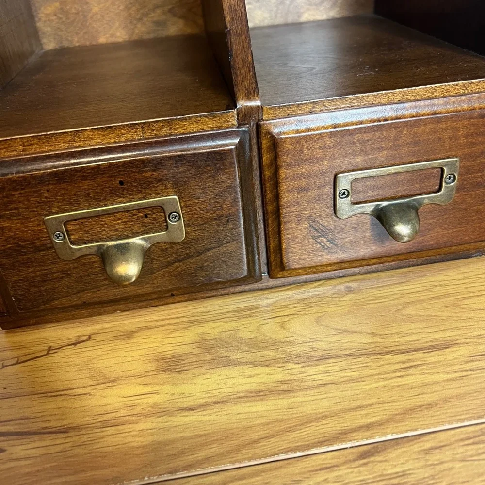 Vintage‎ 2 Drawer Desktop Organizer w/ File Drawers Wooden Library Rustic 10.25